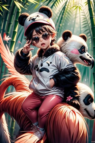 little boy,panda girl,biting bamboo leaves,catch a baby polar bear,flamingo wings,panda hair,hungry pose,wear flamingo  head,panda droopy ears,polar bear hat on top head,flamingo pearl on hat,flamingo sunglasses,flamingo pantyhose,polar bear  jacket,flamingo shirt,rooster shorts,flamingo sneakers,rooster underwear,panda aura,panda fire everywhere,flamingo  babys,5_figner,bamboo forest