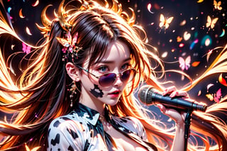 solo,cow girl,closeup face,cow head,play electric guitar,singing in front of microphone,
cow wings,hungry pose,sunglasses,milk pantyhose,cow jacket,cow shirt,zebra shorts,cow underwear,milk aura,shining point,concert,colorful stage lighting,milk background,no people,Butterfly
