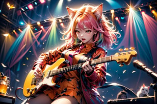 solo,closeup face,cat girl,colorful aura,pink hair,animal head,red tie,colorful  jacket,colorful short skirt,orange shirt,colorful sneakers,wearing a colorful  watch,singing in front of microphone,play electric guitar,animals background,fireflies,shining point,concert,colorful stage lighting,no people