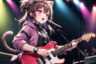 solo,closeup face,cat girl,cat tail,colorful aura,brown hair,long hair,colorful tie,pink jacket,colorful short skirt,colorful shirt,colorful sneakers,wearing a colorful watch,singing in front of microphone,play electric guitar,animals background,fireflies,shining point,concert,colorful stage lighting,no people