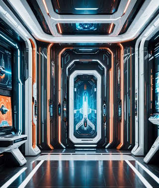 The entrance hall of the future spaceship features a realistic color scheme in dark white and orange, a skincare laboratory, vibrant illustrations, and a 4d style movie rendered with white lighting, decorative art style, linear form, full of light, and bright visuals