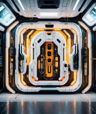 Retrograde background, interior of spacecraft, industrial, octane rendering style, neon lights integrated with digitization, white background, yellow lighting, opaque and semi transparent styles, enamel, realistic details, light white and light orange, marker like markings, industrial design