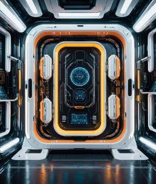 Retrograde background, interior of spacecraft, industrial, octane rendering style, neon lights integrated with digitization, white background, yellow lighting, opaque and semi transparent styles, enamel, realistic details, light white and light orange, marker like markings, industrial design,The screen is simple
