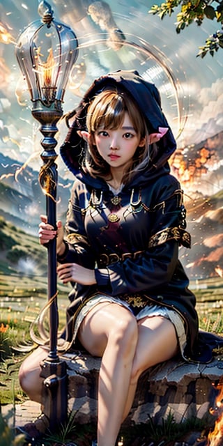 cute korean large-eyed girl, slender face, bangs, sitting, 
elf, wizard, magic effect, fireelement, swirling flames, hood, staff, meadow, super detailed background, style-swirlmagic:0.6, 
masterpiece, best Quality, Tyndall effect, good composition, highly details, warm soft light, three-dimensional lighting, volume lighting, Film lighting, cinematic lighting, 