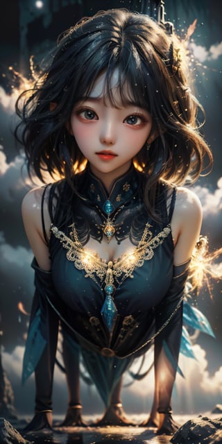 cute korean large-eyed girl, from below, 
silhouette of cosmic sorceress, suspended in air, nebula-filled backdrop,
masterpiece, best Quality, Tyndall effect, good composition, highly details, warm soft light, three-dimensional lighting, volume lighting, Film lighting, cinematic lighting

,