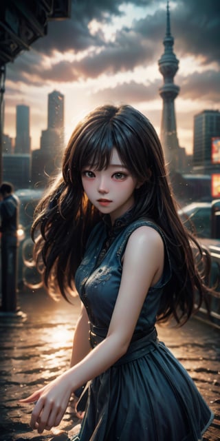 cute korean large-eyed girl, 
falling, midair, multi-colored hair, long straight hair, floating_hair, multi-colour eyes, tear, casual dress, outstretched_arms, reaching, cowboy shot, city, focus on face, Mauve cityscape, Overdetailed art, beautiful, hardcore, from_above,   
masterpiece, best Quality, Tyndall effect, good composition, highly details, warm soft light, three-dimensional lighting, volume lighting, Film lighting, cinematic lighting, 
,      ,