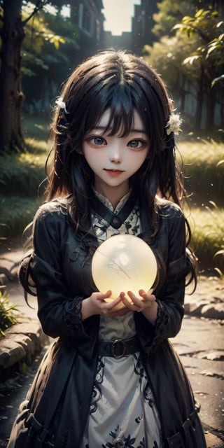 cute korean large-eyed girl, 
dark aesthetic, girl standing on the otherside of the road with a huge smile, holding a yellow balloon, scary, eerie, 
masterpiece, best Quality, Tyndall effect, good composition, highly details, warm soft light, three-dimensional lighting, volume lighting, Film lighting, cinematic lighting, 
,     , ,