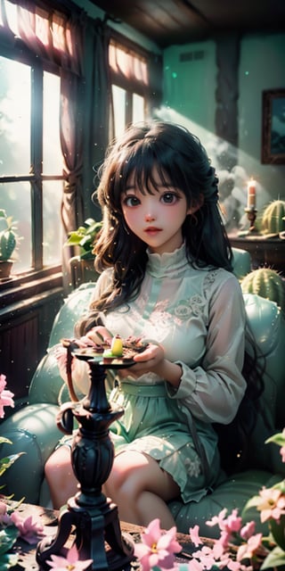 cute korean large-eyed girl,
A grand sitting room inside of an inflatable house with an abundance of light coming in from the windows. Bright colors throughout with lots of pink and mint green. Candelabras float throughout the room. Flowers and pastel cacti cascade down the walls in abundance, 
masterpiece, best Quality, Tyndall effect, good composition, highly details, warm soft light, three-dimensional lighting, volume lighting, Film lighting, cinematic lighting, 

,  