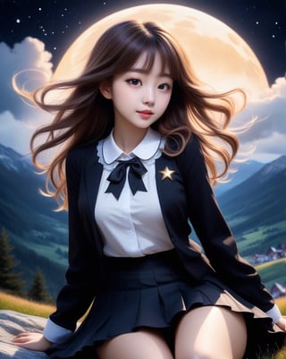 a cute korean large-eyed girl, slender and small face, slight smile, bangs, long wavy hair, topless, sitting, 
fairytale Realistic digital art, manga style, dark atmosphere texture, moist ink and wash painting, rococo, real photo, bottom view, 
Sky, Switzerland, Alps, Stars, Outdoor, short Skirt, Starry Sky, Burden, Landscape, Uniform, Blazer, Chestnut, Shirt, Lawn, Standing, White Shirt, Socks, Night Sky, Black Skirt, Bow, Back of Arm, Move Post, Brown Hair, Knee Height, Cloud, Collar Shirt, Ribbon, Shooting Star, Full Body, Long Wave Hair_morning, nsfw, arms crossed, fluttering skirt, 
octane rendering, ray tracing, oc renderer, 
surrealistic and fantastic dreamy landscapes, provocative pose, dynamic pose, beautiful legs, sfumato, surrealism, cinematic, masterpiece, combines fantasy and reality, fairytale elements, smooth, Strong and contrasting colors, vivid colors, rich colors, combination of various colors and shades, highly details, best Quality, Tyndall effect, good composition, free composition, spatial effects, lively and deep art, warm soft light, three-dimensional lighting, volume lighting, back lighting hair, Film light, dynamic lighting
