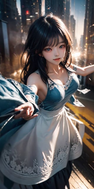 cute korean large-eyed girl, 
falling, midair, multi-colored hair, long straight hair, floating_hair, multi-colour eyes, tear, casual dress, outstretched_arms, reaching, cowboy shot, city, focus on face, Mauve cityscape, Overdetailed art, beautiful, hardcore, from_above,   
masterpiece, best Quality, Tyndall effect, good composition, highly details, warm soft light, three-dimensional lighting, volume lighting, Film lighting, cinematic lighting, 
,      