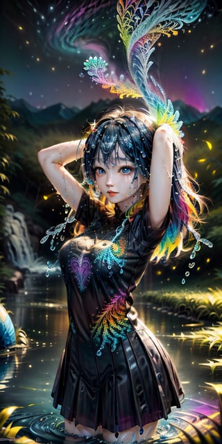cute korean large-eyed girl, slender face, bangs, black eyes, arms up to the hair, 
psychedelic art:1.0, (colorful:1.3), original, extremely detailed wallpaper, looking at viewer,(1girl:1.2),extreme detailed,(fractal art:1.3),colorful,highest detailed,solo,(floating colorful water:1.2), 
masterpiece, best Quality, Tyndall effect, good composition, highly details, warm soft light, three-dimensional lighting, volume lighting, Film lighting, cinematic lighting,