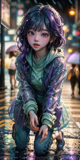 cute korean large-eyed girl, from below, 
a stunning girl with violet hair in a pastel raincoat, at a bustling crosswalk at night, wet reflections, 
masterpiece, best Quality, Tyndall effect, good composition, highly details, warm soft light, three-dimensional lighting, volume lighting, Film lighting, cinematic lighting, 

,  