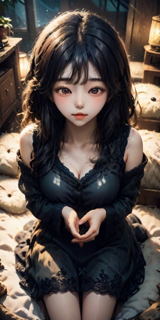 cute korean large-eyed girl, from above, 
A cat sleeping in a full moon night, 
masterpiece, best Quality, Tyndall effect, good composition, highly details, warm soft light, three-dimensional lighting, volume lighting, Film lighting, cinematic lighting, 
,     , ,