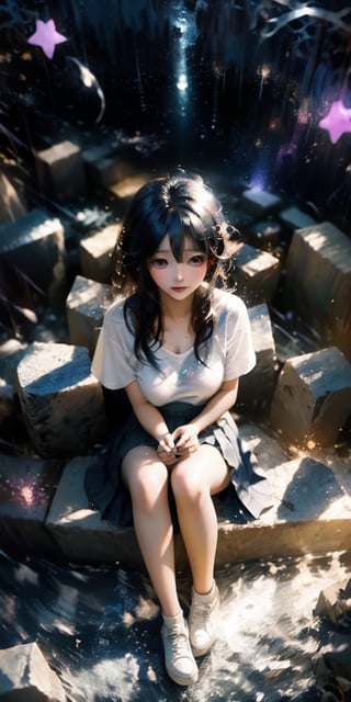cute korean large-eyed girl, from above, 
a white T-shirt, a short jean skirt, sitting, 
embrace one's knees, abstract  magical rain, universe , stars, 
masterpiece, best Quality, Tyndall effect, good composition, highly details, warm soft light, three-dimensional lighting, volume lighting, Film lighting, cinematic lighting
, 