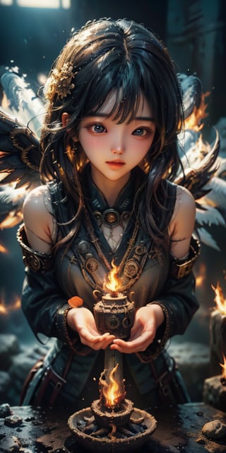 cute korean large-eyed girl, steampunk style, 
captivating design, spirit man ascend from body, The spirit being's arms are spread out, white body, beaming light on her  body, At the end of each arm, there are flames of fire. Above the fire, there is an outline of an angel with wings and a sword in its hand, 
masterpiece, best Quality, Tyndall effect, good composition, highly details, warm soft light, three-dimensional lighting, volume lighting, Film lighting, cinematic lighting, 

,  ,Light particles and spark,DavyJonesLockerStyle