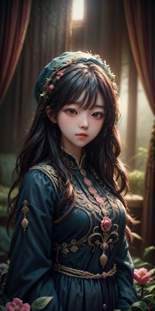 cute korean large-eyed girl,
A beautiful model wearing a pink dress and hat made of flowers, fruit, and pomegranate seeds, in the style of dark fairytales, Rococo-inspired illustrations, dreamlike installations, symmetrical asymmetry, light red and indigo, elaborate costumes, and exaggerated facial expressions, 
masterpiece, best Quality, Tyndall effect, good composition, highly details, warm soft light, three-dimensional lighting, volume lighting, Film lighting, cinematic lighting, 
,     , 