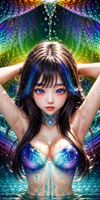 cute korean large-eyed girl, slender face, bangs, black eyes, arms up to the hair, 
psychedelic art:1.0, (colorful:1.3), original, extremely detailed wallpaper, looking at viewer,(1girl:1.2),extreme detailed,(fractal art:1.3),colorful,highest detailed,solo,(floating colorful water:1.2), 
masterpiece, best Quality, Tyndall effect, good composition, highly details, warm soft light, three-dimensional lighting, volume lighting, Film lighting, cinematic lighting,