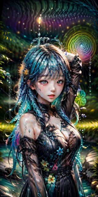 cute korean large-eyed girl, slender face, bangs, black eyes, arms up to the hair, 
psychedelic art:1.0, (colorful:1.3), original, extremely detailed wallpaper, looking at viewer,(1girl:1.2),extreme detailed,(fractal art:1.3),colorful,highest detailed,solo,(floating colorful water:1.2), 
masterpiece, best Quality, Tyndall effect, good composition, highly details, warm soft light, three-dimensional lighting, volume lighting, Film lighting, cinematic lighting,