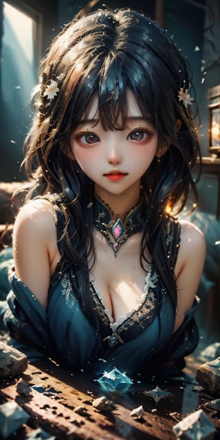 cute korean large-eyed girl, 
"fantasy goddess of mirrors", reflective, shatter, crash, broken glass, 
masterpiece, best Quality, Tyndall effect, good composition, highly details, warm soft light, three-dimensional lighting, volume lighting, Film lighting, cinematic lighting

,