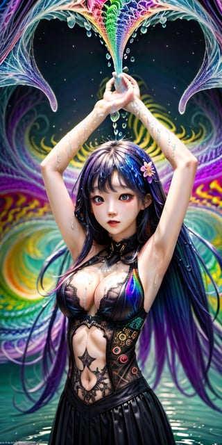 cute korean large-eyed girl, slender face, bangs, black eyes, arms up to the hair, 
psychedelic art:1.0, (colorful:1.3), original, extremely detailed wallpaper, looking at viewer,(1girl:1.2),extreme detailed,(fractal art:1.3),colorful,highest detailed,solo,(floating colorful water:1.2), 
masterpiece, best Quality, Tyndall effect, good composition, highly details, warm soft light, three-dimensional lighting, volume lighting, Film lighting, cinematic lighting,