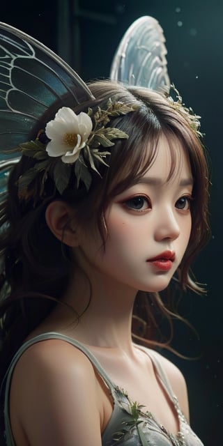cute korean large-eyed girl,  
Photorealism of a fairy with large, detailed wings with a net-like structure and an iridescent sheen, giving them an almost holographic appearance. Her hair is styled with flowers and crystal embellishments which add to her ethereal beauty. The dark, foggy background gives the feeling of a mysterious or enchanted realm, enhancing the fairy's otherworldly presence. The overall atmosphere is one of dark fantasy and delicate beauty, 
masterpiece, highly details, best Quality, Tyndall effect, good composition, volume lighting, Film light, dynamic lighting, cinematic lighting, 

,               ,
