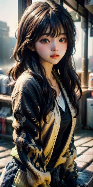 cute korean large-eyed girl,
stylish girl wearing streetwear in a convenience store, exuding heavenly beauty while barely clothed,
masterpiece, best Quality, Tyndall effect, good composition, highly details, warm soft light, three-dimensional lighting, volume lighting, Film lighting, cinematic lighting,
,            ,