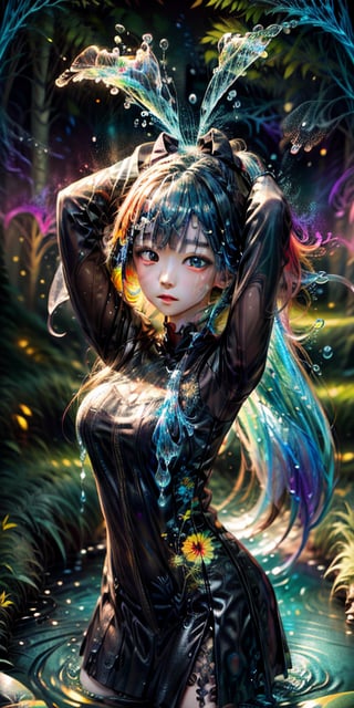 cute korean large-eyed girl, slender face, bangs, black eyes, arms up to the hair, 
psychedelic art:1.0, (colorful:1.3), original, extremely detailed wallpaper, looking at viewer,(1girl:1.2),extreme detailed,(fractal art:1.3),colorful,highest detailed,solo,(floating colorful water:1.2), 
masterpiece, best Quality, Tyndall effect, good composition, highly details, warm soft light, three-dimensional lighting, volume lighting, Film lighting, cinematic lighting,