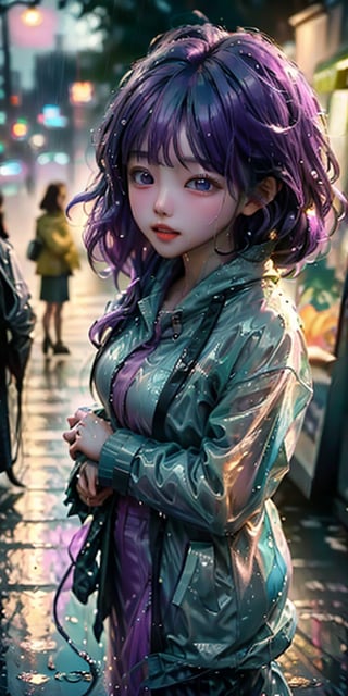 cute korean large-eyed girl, from below, 
a stunning girl with violet hair in a pastel raincoat, at a bustling crosswalk at night, wet reflections, 
masterpiece, best Quality, Tyndall effect, good composition, highly details, warm soft light, three-dimensional lighting, volume lighting, Film lighting, cinematic lighting, 

,  
