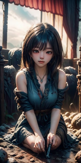 cute korean large-eyed girl, sitting, 
In the center of the image stands a saddened girl, her expression filled with sorrow and loss. She has long, flowing black hair with bangs that partially cover her eyes. Her eyes are a deep, expressive blue, reflecting her sadness. She is wearing a tattered, white dress stained with dirt and blood, symbolizing the chaos and suffering of the battle. Around her neck, she has a delicate silver pendant. She is surrounded by numerous crosses marking the graves of fallen warriors. The sky is overcast, with dark clouds adding to the somber mood. The ground is littered with remnants of the battle, such as broken weapons and armor, 
masterpiece, best Quality, Tyndall effect, good composition, highly details, warm soft light, three-dimensional lighting, volume lighting, Film lighting, cinematic lighting, 
,      ,