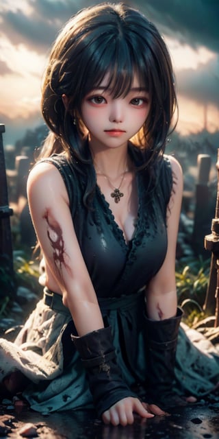 cute korean large-eyed girl, 
In the center of the image stands a saddened girl, her expression filled with sorrow and loss. She has long, flowing black hair with bangs that partially cover her eyes. Her eyes are a deep, expressive blue, reflecting her sadness. She is wearing a tattered, white dress stained with dirt and blood, symbolizing the chaos and suffering of the battle. Around her neck, she has a delicate silver pendant. She is surrounded by numerous crosses marking the graves of fallen warriors. The sky is overcast, with dark clouds adding to the somber mood. The ground is littered with remnants of the battle, such as broken weapons and armor, 
masterpiece, best Quality, Tyndall effect, good composition, highly details, warm soft light, three-dimensional lighting, volume lighting, Film lighting, cinematic lighting, 
,      ,