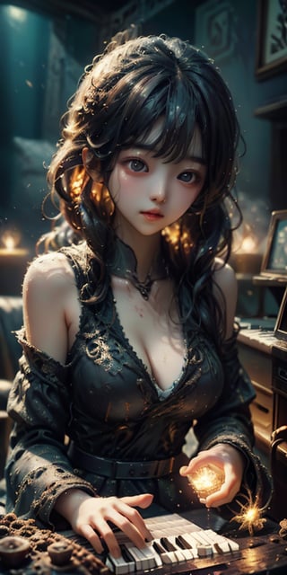 cute korean large-eyed girl, 
A creepy demon playing the piano and a magnificent hell background, 
masterpiece, best Quality, Tyndall effect, good composition, highly details, warm soft light, three-dimensional lighting, volume lighting, Film lighting, cinematic lighting, 

,  ,Light particles and spark,DavyJonesLockerStyle