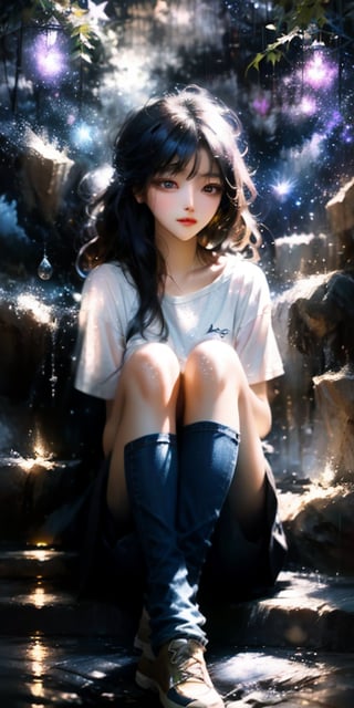 cute korean large-eyed girl, 
a white T-shirt, a short jean skirt, sitting, 
embrace one's knees, abstract  magical rain, universe , stars, 
masterpiece, best Quality, Tyndall effect, good composition, highly details, warm soft light, three-dimensional lighting, volume lighting, Film lighting, cinematic lighting
, 