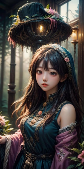 cute korean large-eyed girl,
A beautiful model wearing a pink dress and hat made of flowers, fruit, and pomegranate seeds, in the style of dark fairytales, Rococo-inspired illustrations, dreamlike installations, symmetrical asymmetry, light red and indigo, elaborate costumes, and exaggerated facial expressions, 
masterpiece, best Quality, Tyndall effect, good composition, highly details, warm soft light, three-dimensional lighting, volume lighting, Film lighting, cinematic lighting, 
,     , 