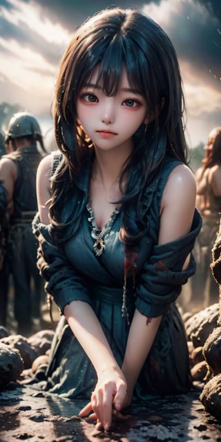 cute korean large-eyed girl, 
In the center of the image stands a saddened girl, her expression filled with sorrow and loss. She has long, flowing black hair with bangs that partially cover her eyes. Her eyes are a deep, expressive blue, reflecting her sadness. She is wearing a tattered, white dress stained with dirt and blood, symbolizing the chaos and suffering of the battle. Around her neck, she has a delicate silver pendant. She is surrounded by numerous crosses marking the graves of fallen warriors. The sky is overcast, with dark clouds adding to the somber mood. The ground is littered with remnants of the battle, such as broken weapons and armor, 
masterpiece, best Quality, Tyndall effect, good composition, highly details, warm soft light, three-dimensional lighting, volume lighting, Film lighting, cinematic lighting, 
,      ,