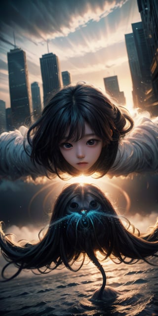 cute korean large-eyed girl, 
falling, midair, multi-colored hair, long straight hair, floating_hair, multi-colour eyes, tear, casual dress, outstretched_arms, reaching, cowboy shot, city, focus on face, Mauve cityscape, Overdetailed art, beautiful, hardcore, from_above,   
masterpiece, best Quality, Tyndall effect, good composition, highly details, warm soft light, three-dimensional lighting, volume lighting, Film lighting, cinematic lighting, 
,      ,