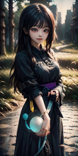 cute korean large-eyed girl, 
dark aesthetic, girl standing on the otherside of the road with a huge smile, holding a yellow balloon, scary, eerie, 
masterpiece, best Quality, Tyndall effect, good composition, highly details, warm soft light, three-dimensional lighting, volume lighting, Film lighting, cinematic lighting, 
,     , ,