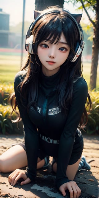 cute korean large-eyed girl,
The cat stands on the jogging track of the sports field, wearing a dark-colored tight-fitting sports jersey. The garment fits snugly and is fashionable, with trendy patterns or words printed on it. It wears fashionable headphones or a hat on its head,  
masterpiece, best Quality, Tyndall effect, good composition, highly details, warm soft light, three-dimensional lighting, volume lighting, Film lighting, cinematic lighting, 

,  