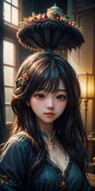 cute korean large-eyed girl,
A beautiful model wearing a pink dress and hat made of flowers, fruit, and pomegranate seeds, in the style of dark fairytales, Rococo-inspired illustrations, dreamlike installations, symmetrical asymmetry, light red and indigo, elaborate costumes, and exaggerated facial expressions, 
masterpiece, best Quality, Tyndall effect, good composition, highly details, warm soft light, three-dimensional lighting, volume lighting, Film lighting, cinematic lighting, 
,     , 