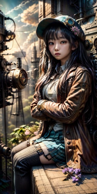 cute korean large-eyed girl, steampunk style, 
crossed arms, 
scenery, solo, broun long hair, hat, sitting, jacket, school uniform, wings, sky, cloud, goggles, gears, mechanical wings, heliotrope flowers, petals, 
masterpiece, best Quality, Tyndall effect, good composition, highly details, warm soft light, three-dimensional lighting, volume lighting, Film lighting, cinematic lighting