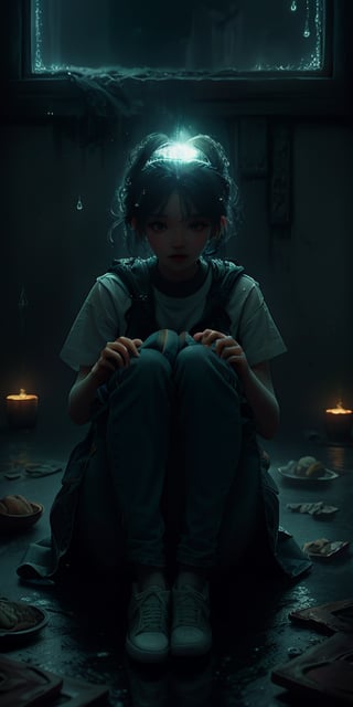 cute korean large-eyed girl, 
a white T-shirt, a short jean skirt, sitting, 
embrace one's knees, abstract  magical rain, universe , stars, 
masterpiece, best Quality, Tyndall effect, good composition, highly details, warm soft light, three-dimensional lighting, volume lighting, Film lighting, cinematic lighting
,