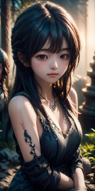 cute korean large-eyed girl, 
In the center of the image stands a saddened girl, her expression filled with sorrow and loss. She has long, flowing black hair with bangs that partially cover her eyes. Her eyes are a deep, expressive blue, reflecting her sadness. She is wearing a tattered, white dress stained with dirt and blood, symbolizing the chaos and suffering of the battle. Around her neck, she has a delicate silver pendant. She is surrounded by numerous crosses marking the graves of fallen warriors. The sky is overcast, with dark clouds adding to the somber mood. The ground is littered with remnants of the battle, such as broken weapons and armor, 
masterpiece, best Quality, Tyndall effect, good composition, highly details, warm soft light, three-dimensional lighting, volume lighting, Film lighting, cinematic lighting, 
,      ,