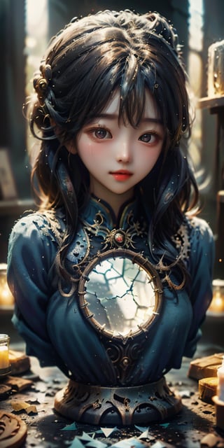 cute korean large-eyed girl, 
"fantasy goddess of mirrors", reflective, shatter, crash, broken glass, 
masterpiece, best Quality, Tyndall effect, good composition, highly details, warm soft light, three-dimensional lighting, volume lighting, Film lighting, cinematic lighting

,