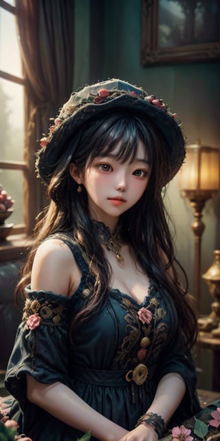 cute korean large-eyed girl,
A beautiful model wearing a pink dress and hat made of flowers, fruit, and pomegranate seeds, in the style of dark fairytales, Rococo-inspired illustrations, dreamlike installations, symmetrical asymmetry, light red and indigo, elaborate costumes, and exaggerated facial expressions, 
masterpiece, best Quality, Tyndall effect, good composition, highly details, warm soft light, three-dimensional lighting, volume lighting, Film lighting, cinematic lighting, 
,     , 