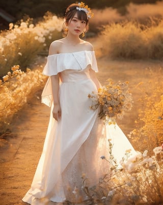 Generate picture, half-length portrait photography, Japanese female, 25 years old, slightly fat, wearing white off-shoulder gauze, with dried flower ornaments on her head, holding a bouquet of dried flowers in her hand, looking back from the right side to the camera, the background is smaller Dark, brown textured background cloth, backlight outline of hair, right side light shot, low key lighting.