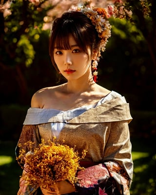 Generate picture, half-length portrait photography, Japanese female, 25 years old, slightly fat, wearing white off-shoulder gauze, with dried flower ornaments on her head, holding a bouquet of dried flowers in her hand, looking back from the right side to the camera, the background is smaller Dark, brown textured background cloth, backlight outline of hair, right side light shot, low key lighting.