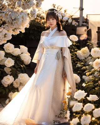 Generate picture, half-length portrait photography, Japanese female, 22 years old, slightly fat, wearing white off-shoulder gauze, Long straight hair, black hair, with dried flower ornaments on her head, holding a bouquet of white rose flowers in her hand, looking back from the right side to the camera, the background is smaller Dark, brown textured background cloth, backlight outline of hair, right side light shot, low key lighting.