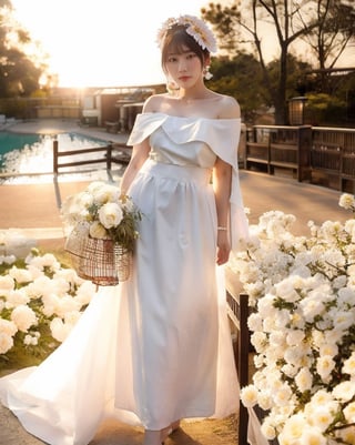 Generate picture, half-length portrait photography, Japanese female, 22 years old, slightly fat, wearing white off-shoulder gauze, with dried flower ornaments on her head, holding a bouquet of white rose flowers in her hand, looking back from the right side to the camera, the background is smaller Dark, brown textured background cloth, backlight outline of hair, right side light shot, low key lighting.