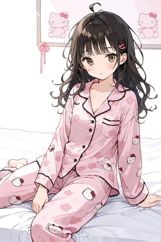 //quality
masterpiece, best quality, aesthetic, 
//Character
1girl, beautiful brown eyes, dark hair, messy_hair, sleepy face, sitting up straight on bed
//Fashion
cute pajamas, hello kitty pattern pajamas, pink silk pajamas
//Background
girl bedroom, messy bed with girl clothes, underwear and bra lying on the bed
