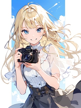 //quality
masterpiece, best quality, aesthetic, 
//Character
1girl, long blonde hair, blue eyes, light smile, smirk 
//Fashion 
slit tops, holding a camera, 
//Background 
blue sky, beautiful sky, Frontal perspective, looking at viewer