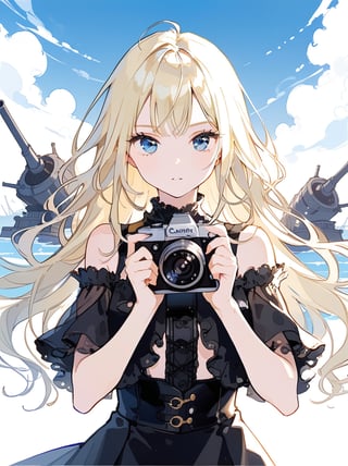 //quality
masterpiece, best quality, aesthetic, 
//Character
1girl, long blonde hair, 
//Fashion 
slit tops, holding a camera, cannon camera 
//Background 
blue sky, beautiful sky, Frontal perspective, 